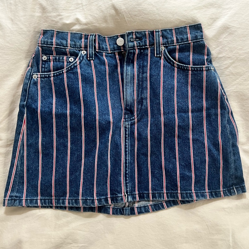 Reformation red striped denim mini skirt
